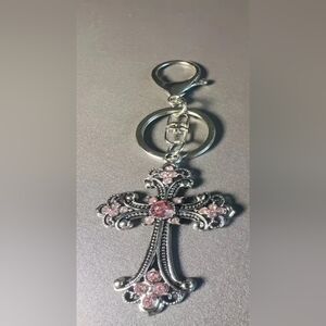 🆕️✝️ PINK RHINESTONE CROSS BAH CHARM & KEY CHAIN ✝️